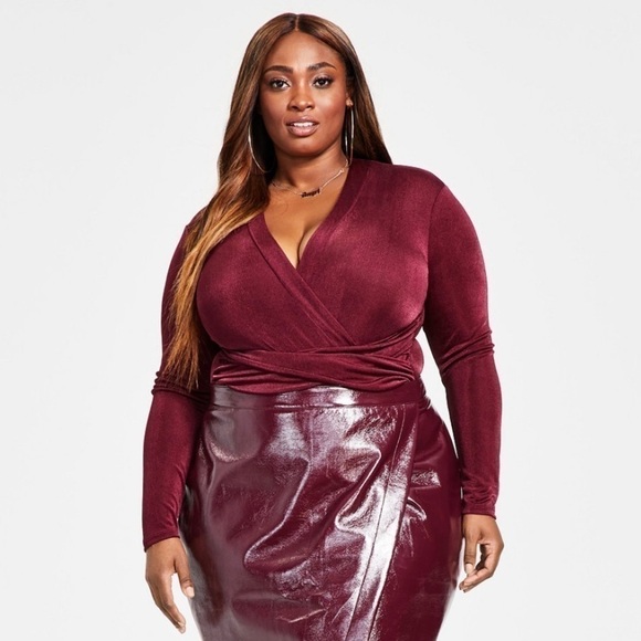 Nina Parker Women’s Trendy Plus Size Crossover Thong Bodysuit Size 2X Burgundy - Picture 1 of 11